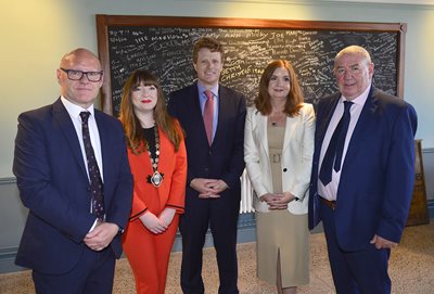 Deputy Lord Mayor, Councillor Áine Groogan with US Envoy to Northern Ireland Joe Kennedy III and other speakers