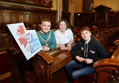 Lord Mayor of Belfast, Councillor Ryan Murphy, met with former members of Belfast City Youth Council Eva Bradley and Tomás Murphy in the Council Chamber of Belfast City Hall.