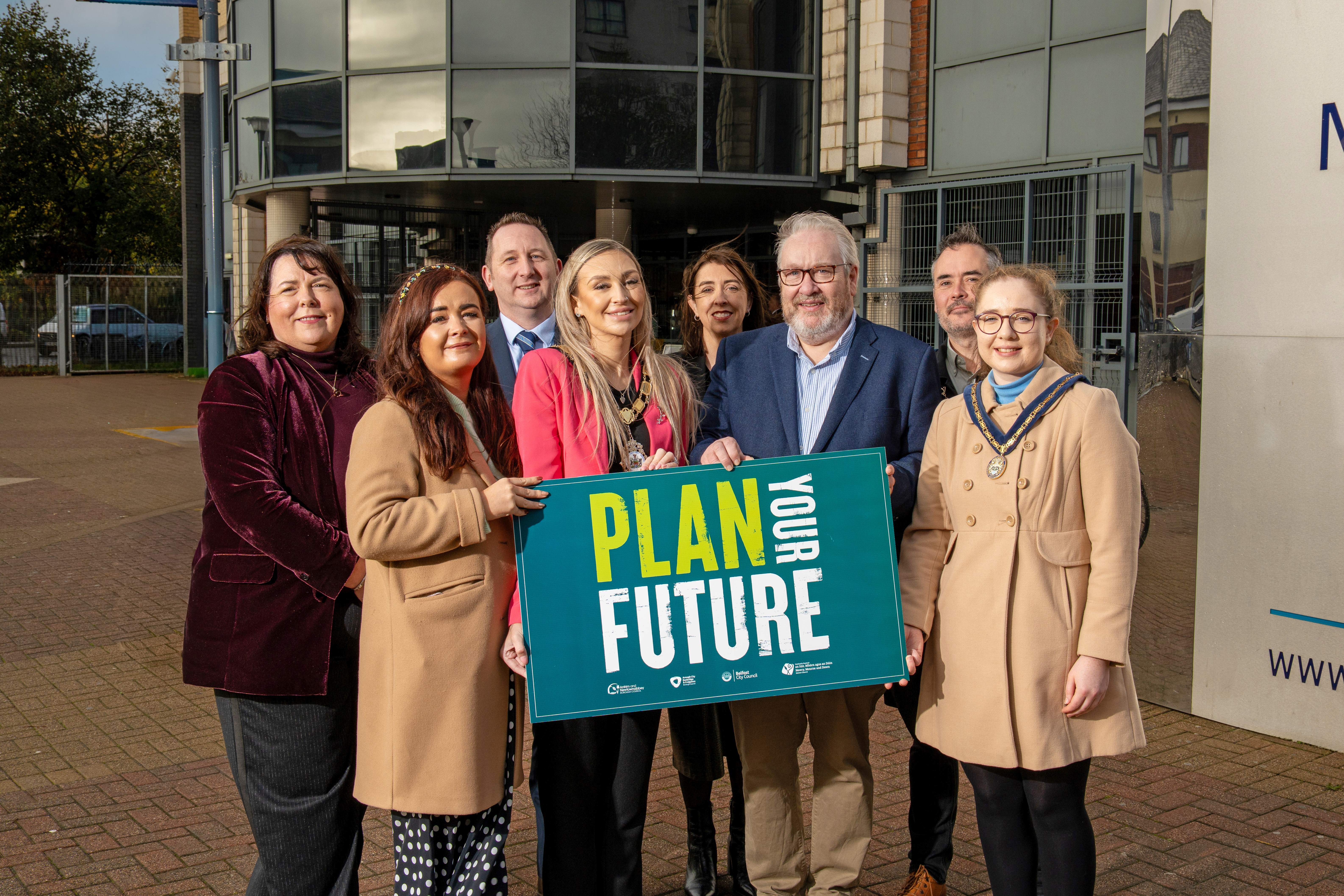 Representatives from local councils join staff from Belfast Met to launch new planning apprentice campaign at Millfield Campus. 