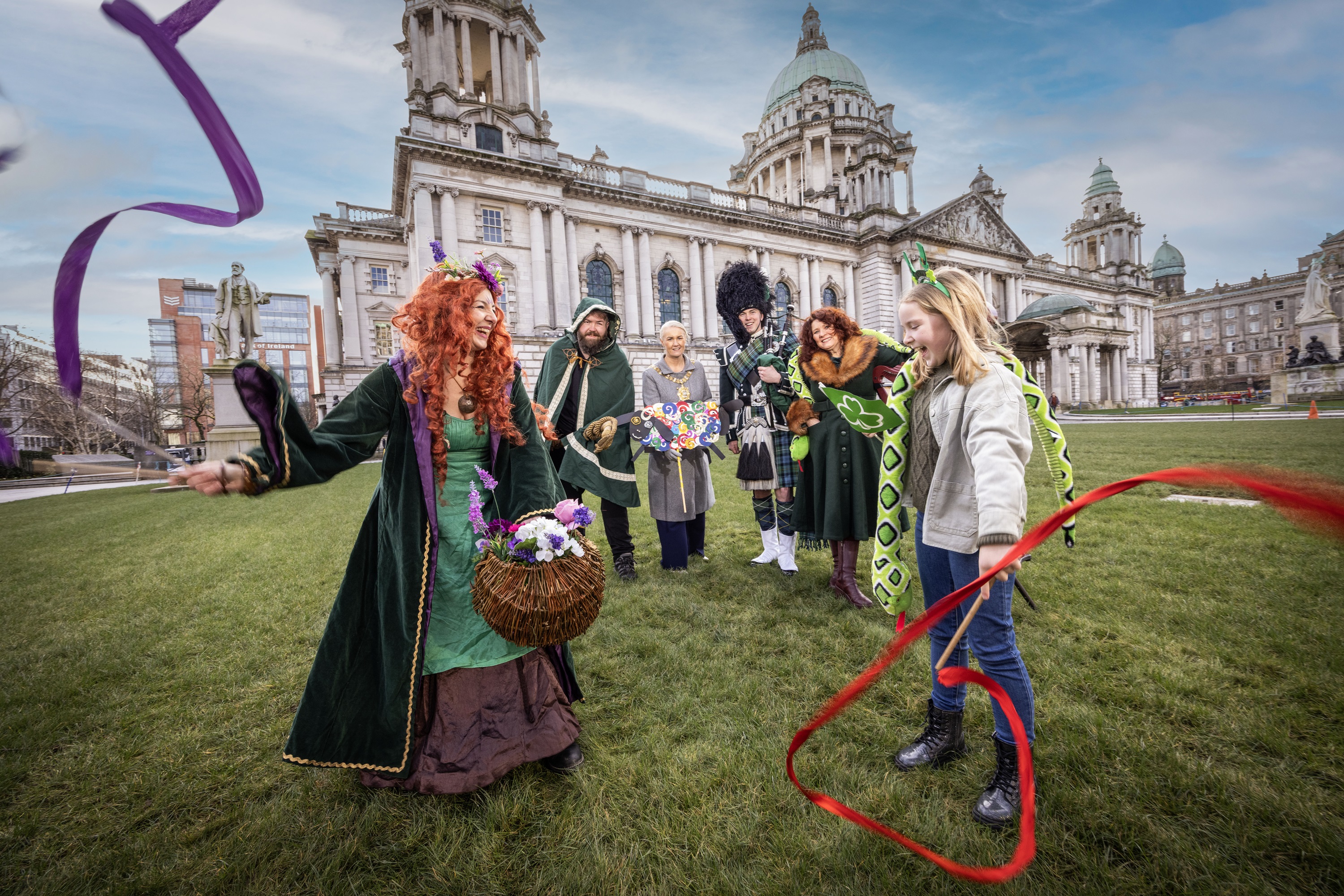 Lord Mayor with St Patrick's Day performers outside City Hall