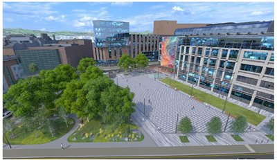 CGI image of Cathedral Gardens plans showing public plaza in front of Ulster University campus and urban forest/woodland area with trees and green lawn