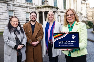 Cara McCann from HEReNI, Lee Cullen from Cara-Friend, Karen McShane from The Rainbow Project and Lord Mayor Councillor Christina Black have launched a public consultation on an LGBTQIA+ Hub in Belfast