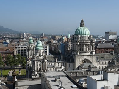 Aerial view of Belfast City Hall and surrounding buildings. 