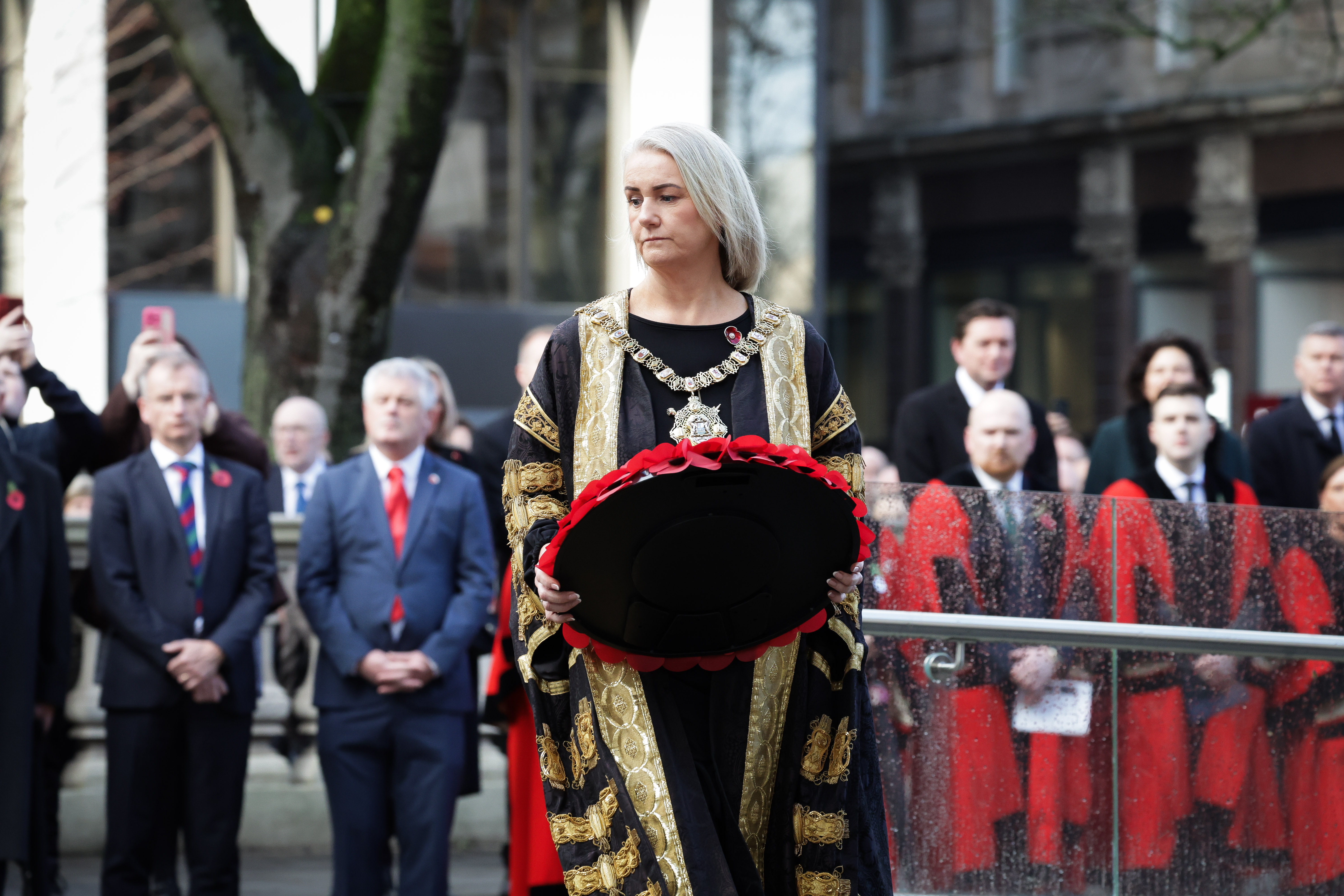 Lord Mayor of Belfast, Councillor Tracy Kelly, lays a wreath at the cenotaph at City Hall.