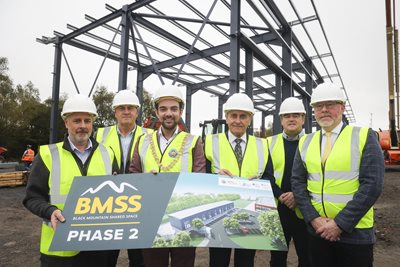 Belfast Lord Mayor with funders and reps from Black Mountain Shared Space on site in high vis vests and hard hats with artist impression of new building