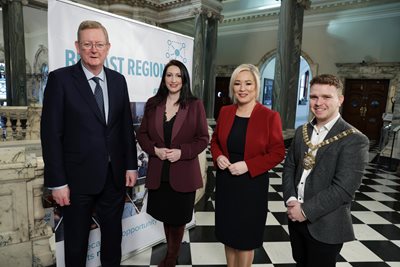 The Lord Caine, Parliamentary Under Secretary of State for Northern Ireland, deputy First Minister Emma Little-Pengelly, First Minister Michelle O'Neill and Belfast Lord Mayor Councillor Ryan Murphy