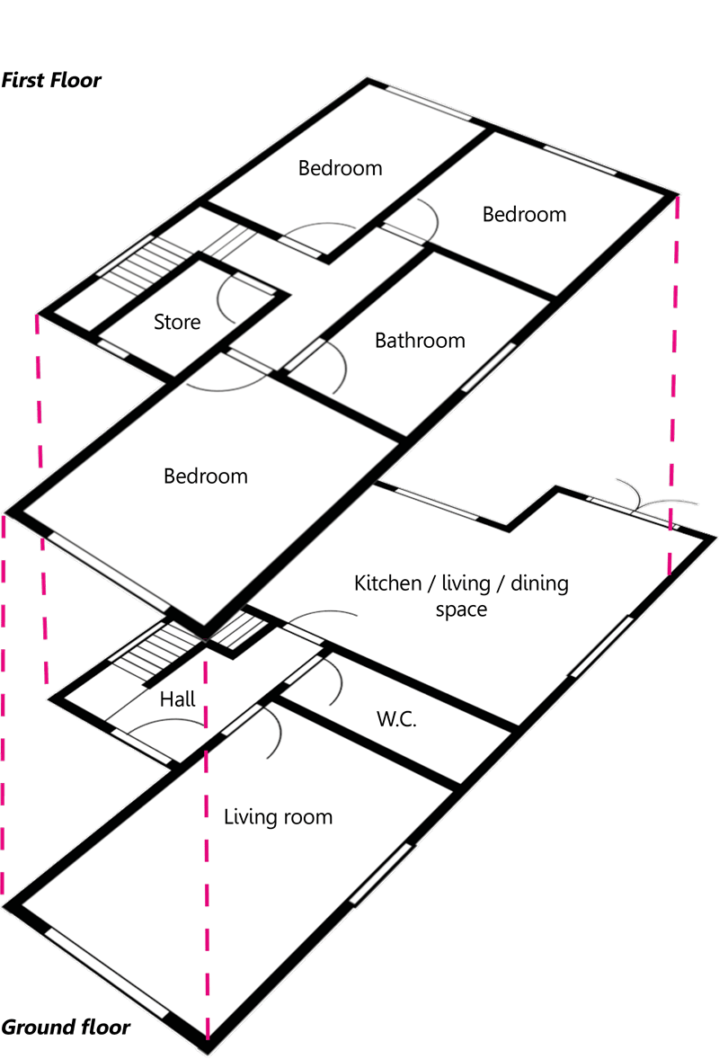 Floorplan for a two-storey, three-bedroom dwelling. The ground floor contains a hallway leading to a living room at the front of the property and an open plan kitchen, living and dining space to the rear, which leads to a WC. A staircase in the hallway leads to the first floor which contains three bedrooms, a central bathroom and a store.