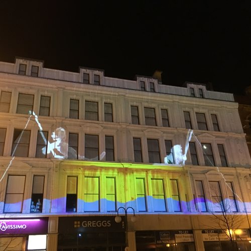 Christmas lighting projection in Belfast City Centre. Creative concept by Imitating the Dog, installation by Galaxy Facilities Management.