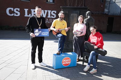 Belfast Learning Festival launch at CS Lewis Square with Belfast City Council, Libraries NI and Commedia of Errors