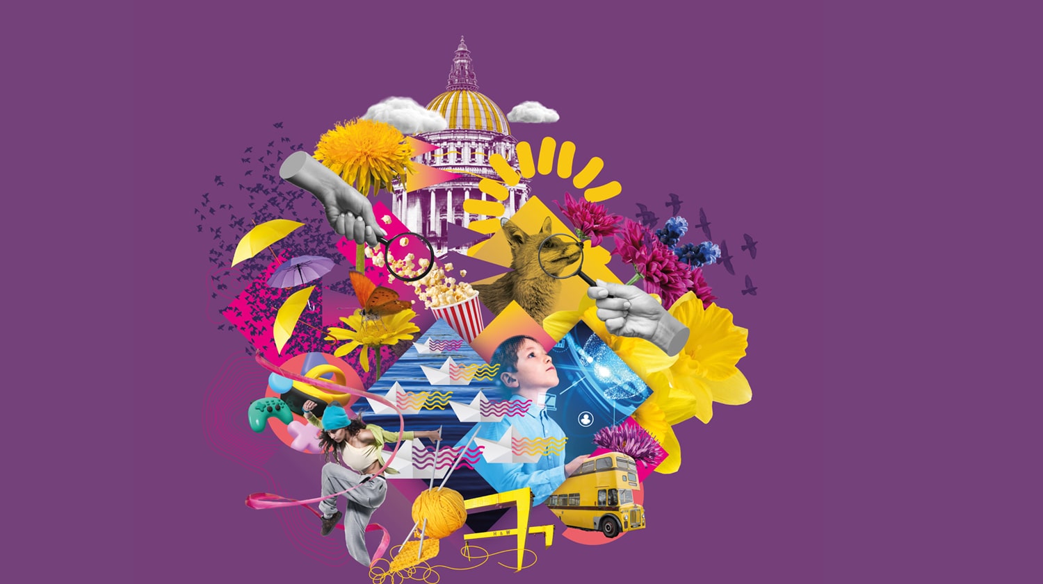 Belfast 2024 programme hero image- collage of various colourful city elements including buildings, citizens, flowers, shapes, etc. on purple background