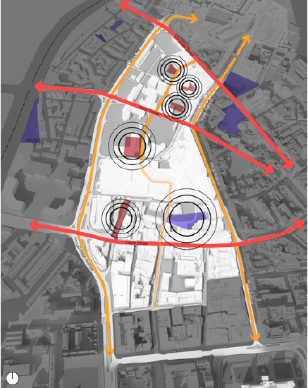 Create a Network of Open Spaces. Purple: Existing open spaces. Red: Proposed new and upgraded open spaces. Black circles: Public realm activates the surrounding. Red arrows: East-West connections North-South connections. Yellow arrows: North-South connections (map)