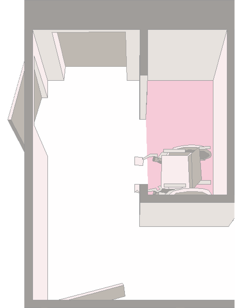 Illustration of dedicated storage space within the entrance of a residential unit for storage of a second wheelchair and sufficient space within the hallway to enable a user to transfer between wheelchairs.
