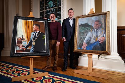 Former Lord Mayor’s of Belfast John Finucane MP and Danny Baker MLA pictured at the unveiling of their official mayoral portraits at City Hall.