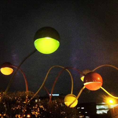 Art installation named Penelope, situated in Wolstenholme Square, Liverpool, at night.