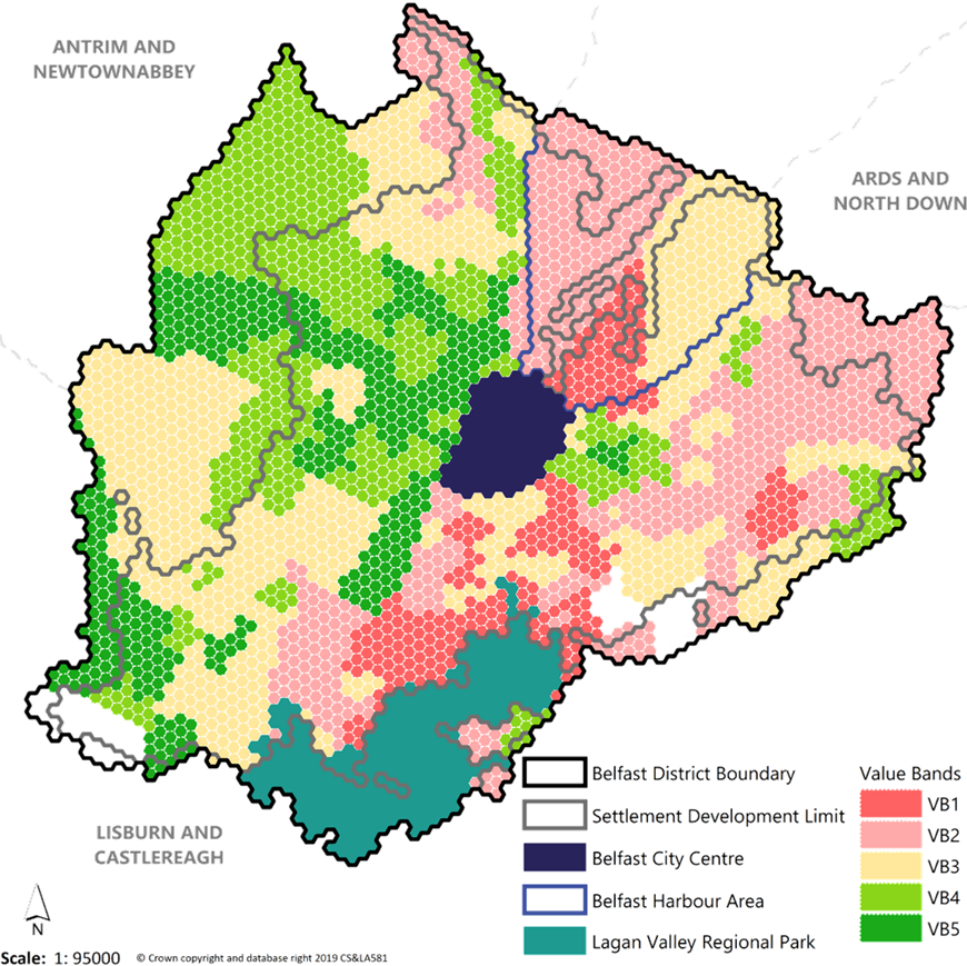 Illustrative hexagonal grid map showing the distribution of existing market value bands across the city.