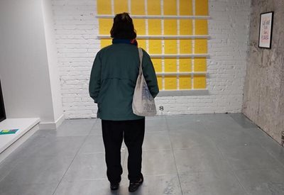 A person looking at artwork in a gallery