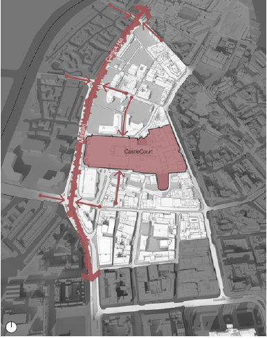Existing Challenges: Red block: Pedestrian block. Red squwiggle: Heavy Traffic Vehicular Road. Red arrows: Access Severance (map)