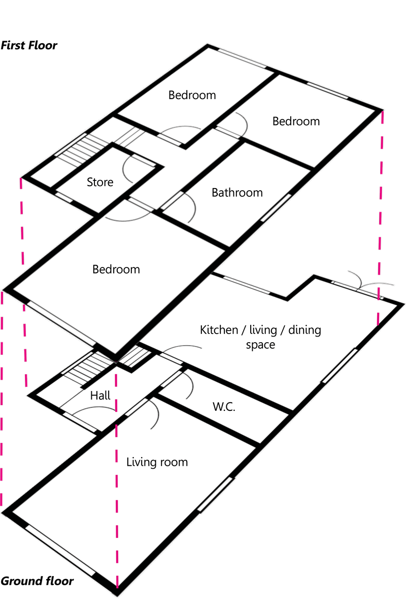 Floorplan for a two-storey, three-bedroom dwelling. The ground floor contains a hallway leading to a living room at the front of the property and an open plan kitchen, living and dining space to the rear, which leads to a WC. A staircase in the hallway leads to the first floor which contains three bedrooms, a central bathroom and a store.