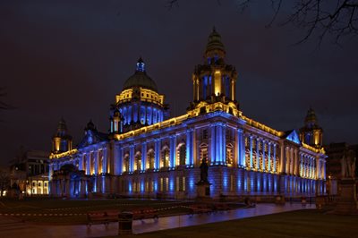 Belfast City Hall lit in blue and yellow to support Ukraine
