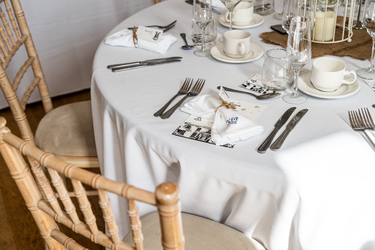 A table set for a wedding in the Montgomery Room.