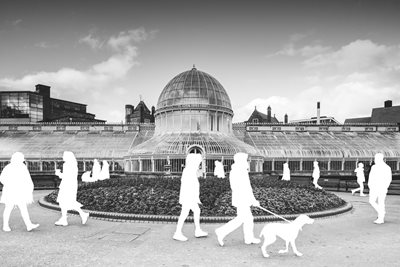 White silhouettes walking by Botanic Gardens in Belfast