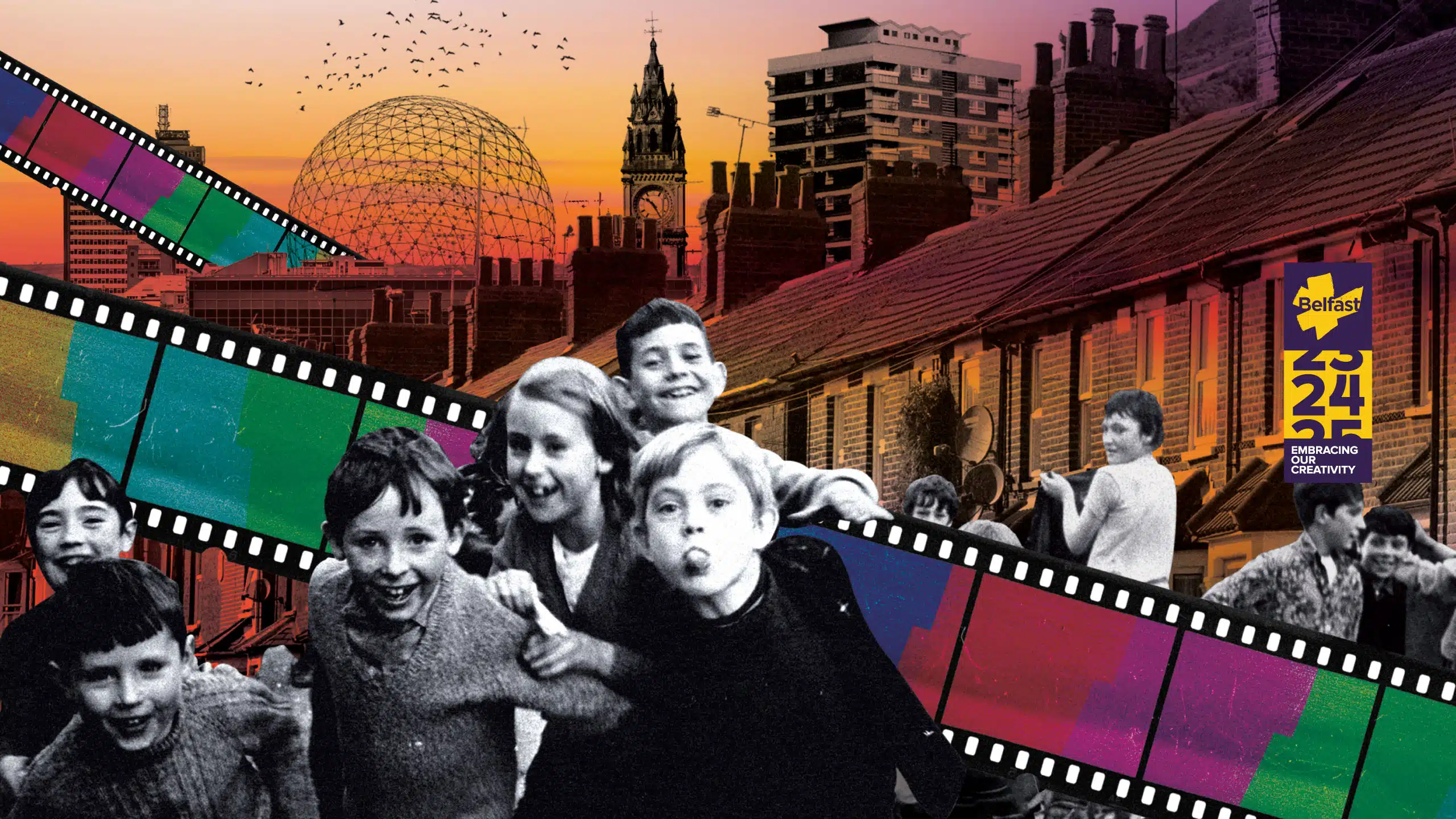 A colourful digital image of the city of Belfast with streets and skyline, crossed by images of photo film and people.