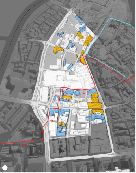 A significant section of the masterplan sits within the City Centre Conservation area and is adjacent to the Cathedral Conservation area. Yellow: Listed building. Blue: Building of local significance. Red line: City Centre Conservation Area. Blue line: Cathedral Conservation Area. (map)