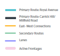 Key - Primary Route: Royal Avenue Primary Route: Carrick Hill/ Millfield Road East- West Connections Secondary Routes Lanes Active Frontages
