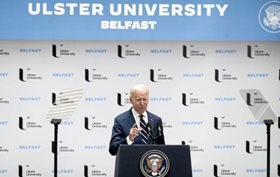 President Joe Biden delivers his keynote speech at Ulster University in Belfast.