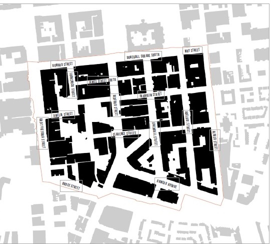 Map shows street pattern and grain in the Linen Quarter, Belfast