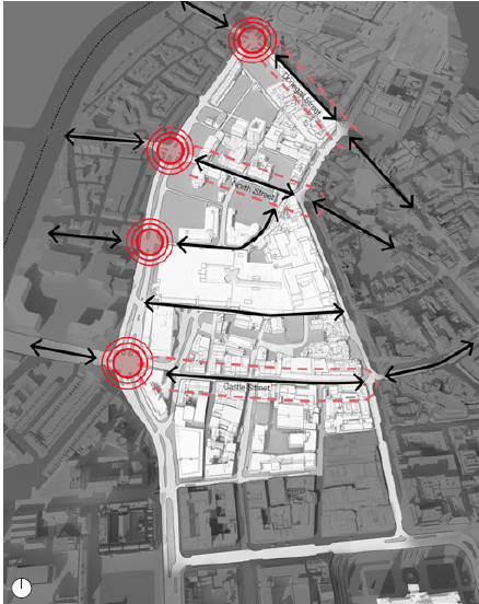 Improve East West Connections. Black arrows: Arterial connections. Red dotted lines: Upgraded High Streets. Red circles: Improved crossings (map)