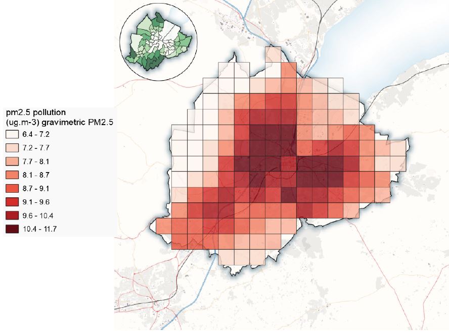 Map of Belfast divided into equal squares, each square is coloured a shade of red. The darker red indicates higher air pollution. The squares covering the city centre are significantly darker than those covering the outskirts of the city region. The figure also shows an inset to compare Figure 3 a map of the canopy cover by ward.