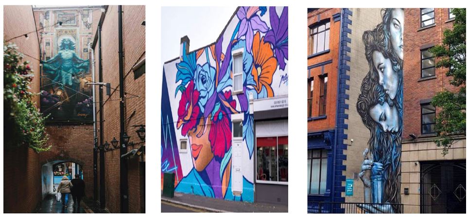 Examples of murals on Belfast city centre streets.