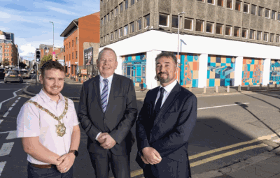 Lord Mayor of Belfast councillor Ryan Murphy, DfC’s Patrick Anderson, director, of Belfast Regeneration and LQ BID managing director Chris McCracken.
