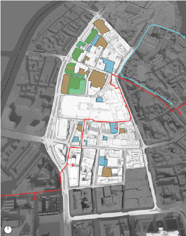 Underdeveloped Sites and Public Ownership. Blue: Under-used Sites. Brown: Surface Car Parking. Green: Land Under Public Ownership. Red line: City Centre Conservation Area. Blue line: Cathedral Conservation Area (map)