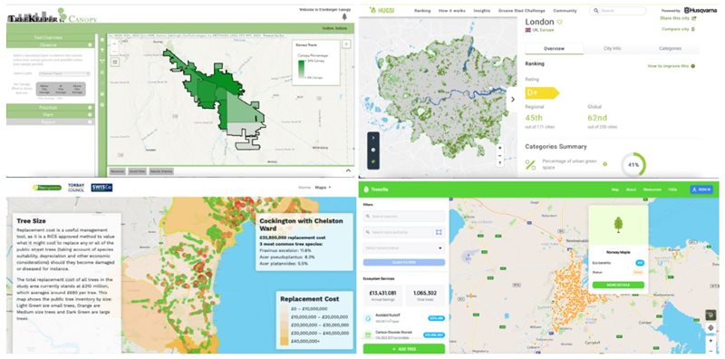 A selection of online mapping tools.  Top right - TreeKeeper Canopy (https://canopy.treekeepersoftware.com/goshenin) Top left - Hugsi (https://www.hugsi.green/city/?London) Bottom Left - Torbay’s open access webmap (http://torbay.urbantreecover.org) Bottom right - Treezilla (https://treezilla.org)