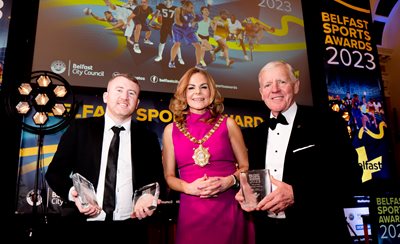 Hall of fame winners Olympic and Commonwealth Games medallist, Paddy Barnes, and former Olympic boxing Coach, Michael Hawkins pictured with Lord Mayor Christina Black