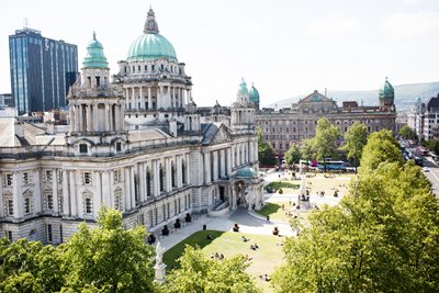 Aerial view of Belfast City Hall and front lawn in summer