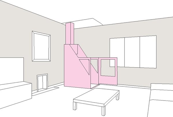 Illustration of an option for the position of a through-floor vertical lift for a wheelchair user.  In this example the lift has been positioned in the corner of the living room.