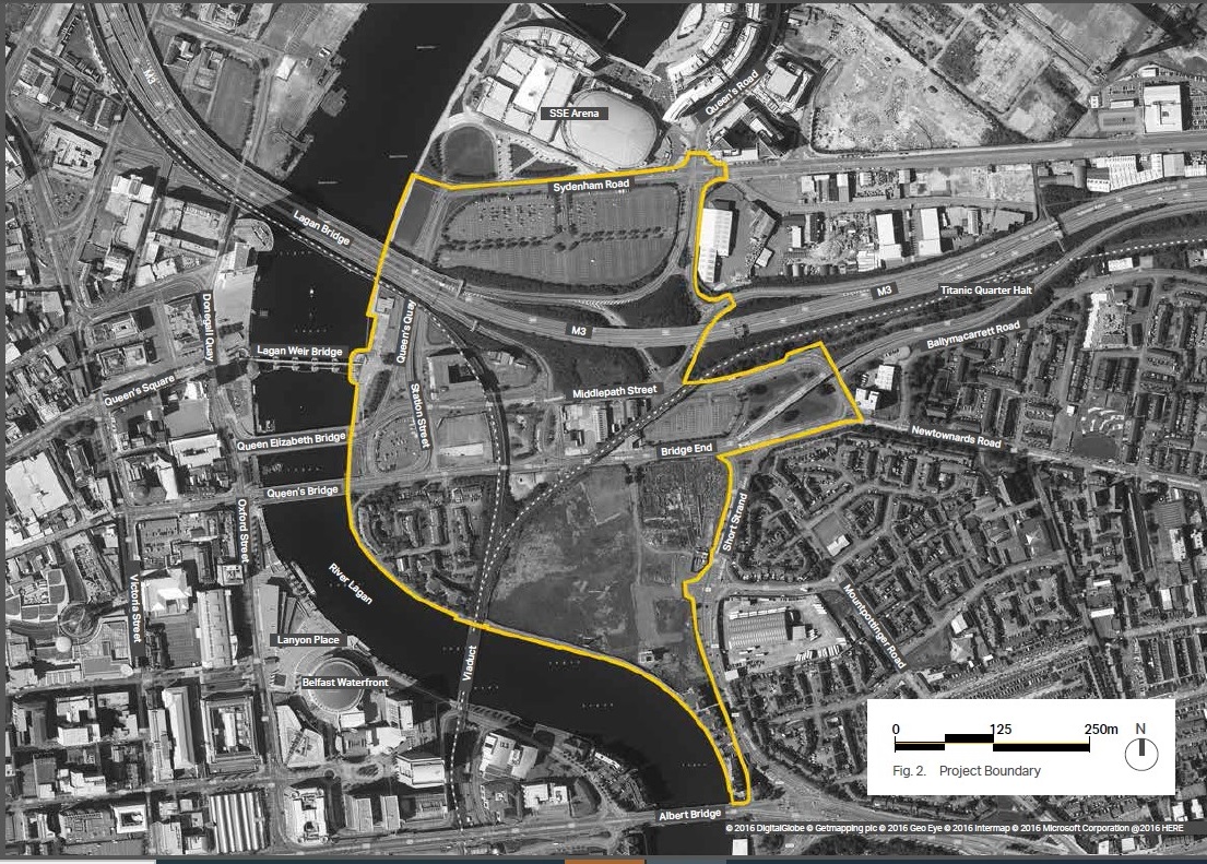 Black and white aerial view of Belfast East Bank project boundary