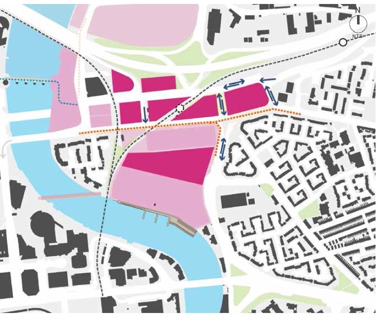 Map showing proposed new development sites fronting Bridge End in East Bank, Belfast