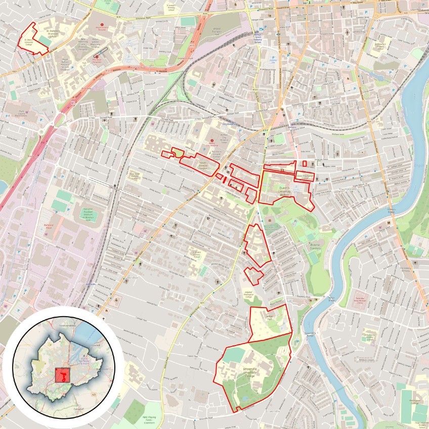 Map of the centre of Belfast with Queen's University Belfast campus outlined in red. Green spaces are clearly indicated on this map.