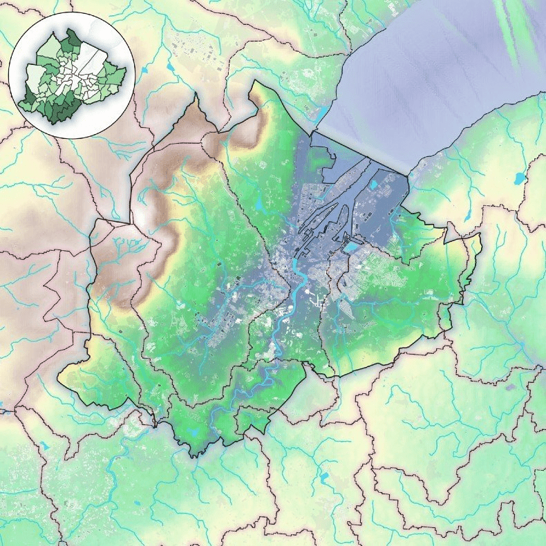 Map of Belfast showing the topography of the city and surrounding regions. The city centre is the lowest part of the region with prominent hills being shown to the North-East of the city centre. The map also indicates the water body catchments, the surface water bodies and the river network.