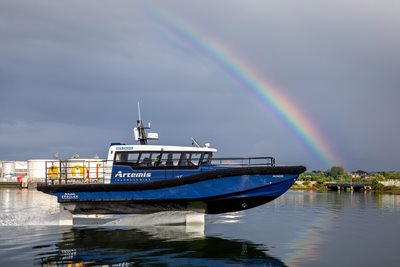 Artemis Technologies workboat foiling in Belfast Harbour