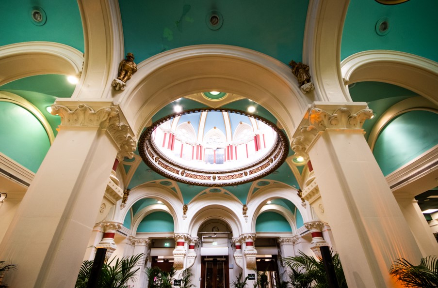 The interior arches of 2 Royal Avenue and domed roof.