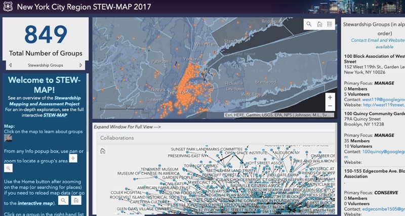 Screen grab image of New York City Region's interactive Stewardship Mapping and Assessment Project. The website allows you to access information about an organisation, including their name and address, size, primary focus, and what neighbouring organisations they are in collaboration with.