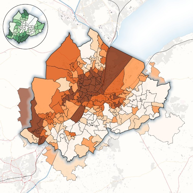 Map of Belfast. The figure shows levels of Index of Multiple Deprivation indicated in brown. The darker the brown the more deprived the area. The most deprived areas are in the city centre and to the North-West of the city centre. The South-East of the city is significantly less deprived. The figure also shows an inset to compare Figure 3 a map of the canopy cover by ward.