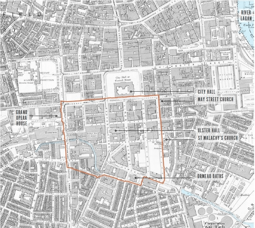 Black and white map of Belfast city centre drawn in 1901