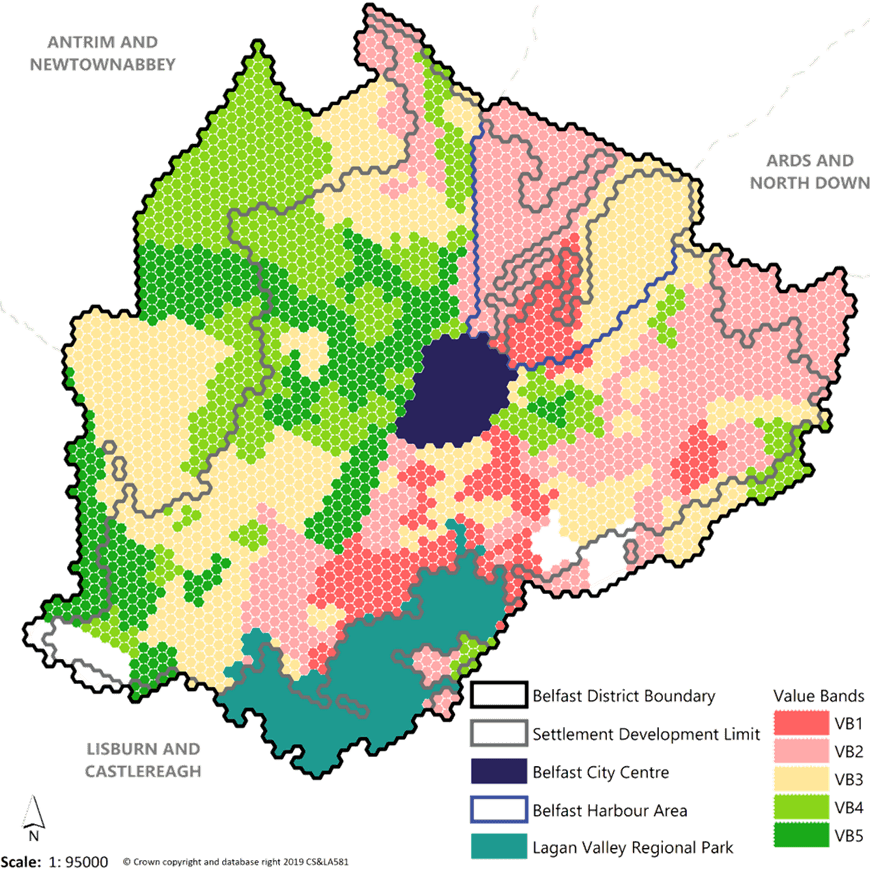 Illustrative hexagonal grid map showing the distribution of existing market value bands across the city.