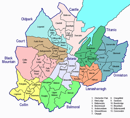 Map showing District Electoral Areas of Belfast and the wards within them.